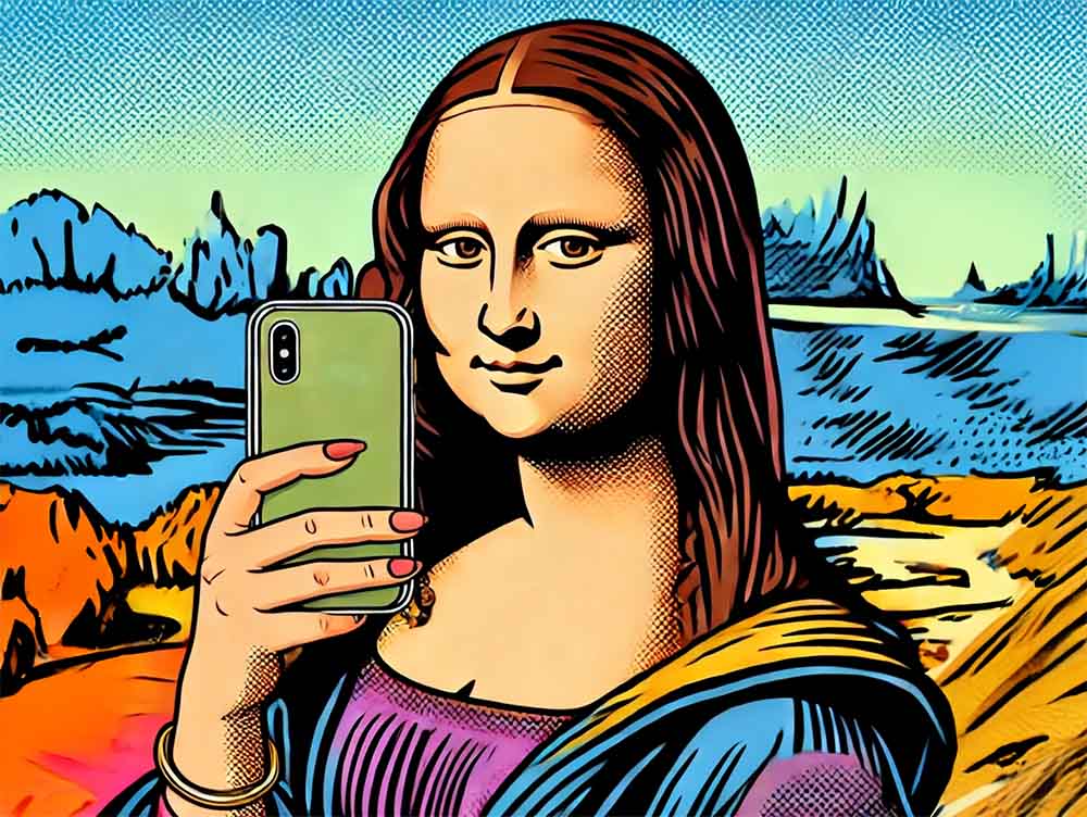 Immagine della Monna Lisa di Leonardo che utilizza strategie di comunicazione con uno smartphone. Rappresenta l'importanza del rebranding, dove il brand acquisisce valore senza perdere la propria identità.
