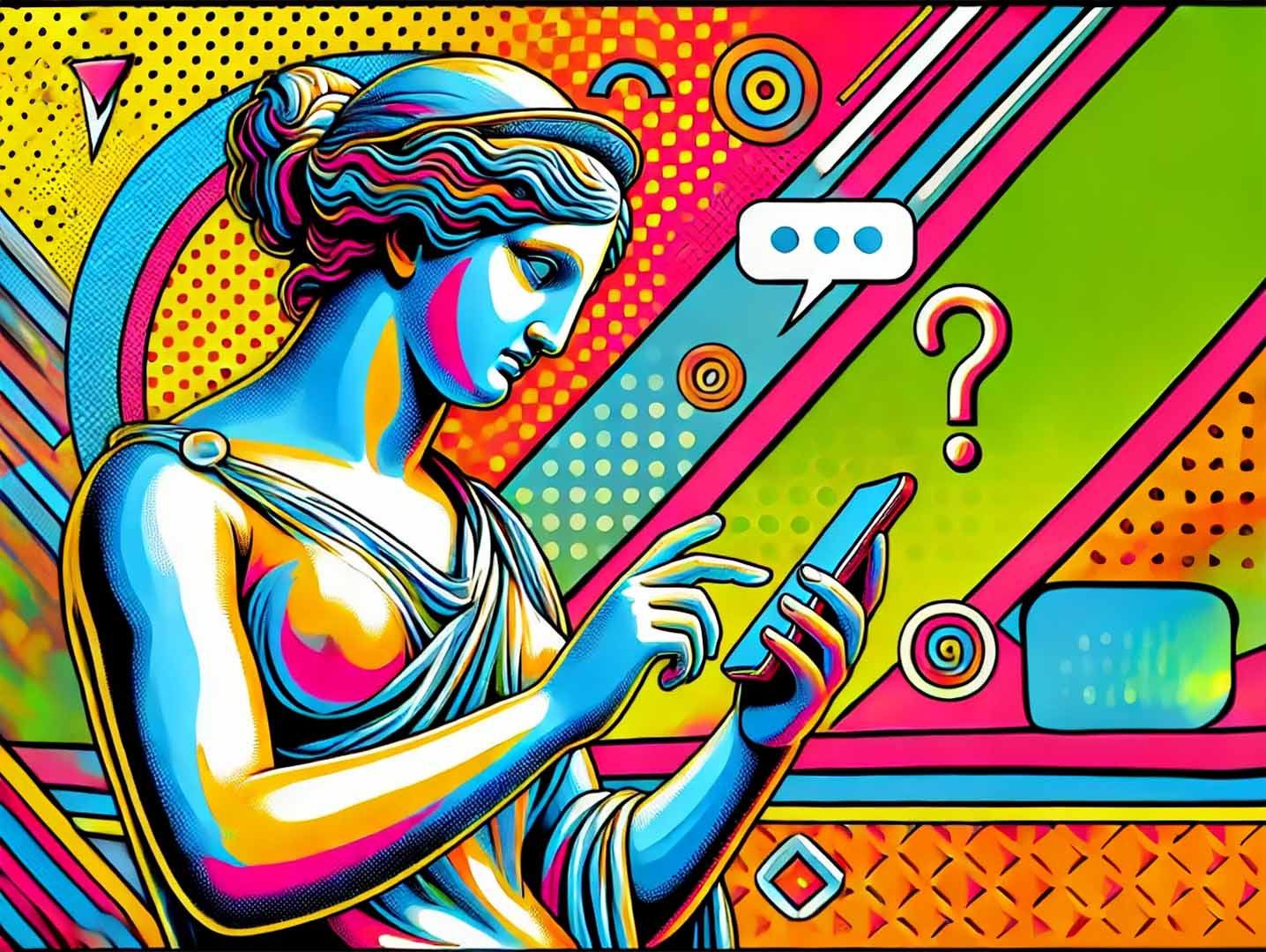 Venere di Milo in stile pop art che scrive un messaggio sul cellulare