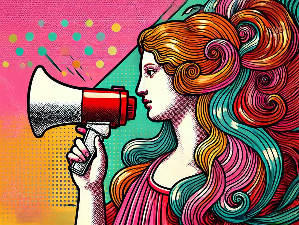 Venere di botticelli in versione pop art con in mano un megafono in segno di una strategia di comunicazione.