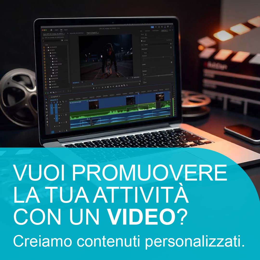 Montaggio video su un computer con timeline e grafiche in evidenza
